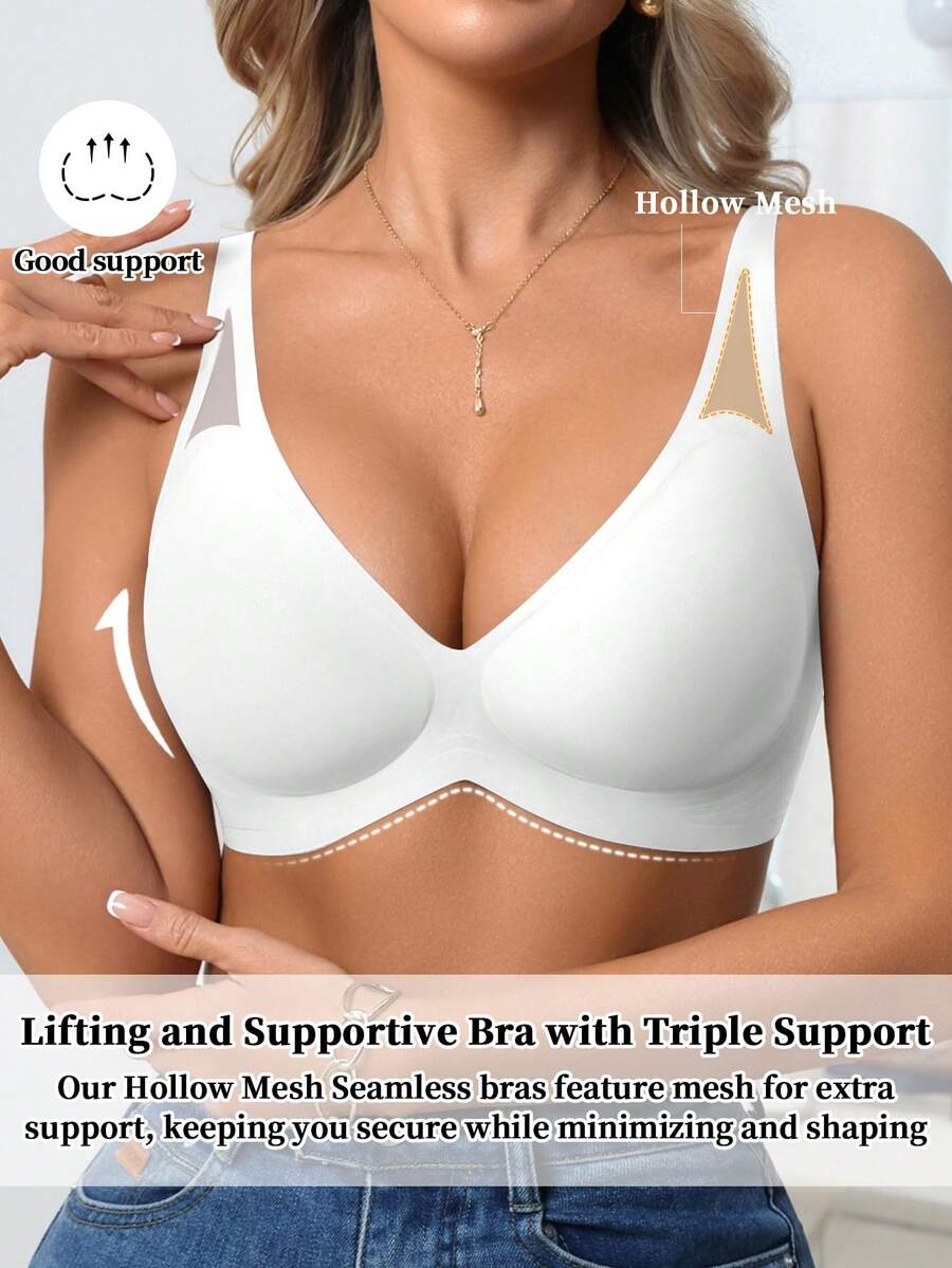 1pc Women's Seamless Wireless Bra, V-Neck Gather Jelly Soft Support Comfortable Solid Color Mesh Hollow-Out Bra With Molded Cup Wedding