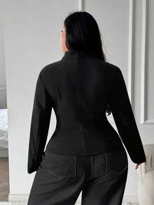 SHEIN SXY Plus Size Summer Black V-Neck Long-Sleeved Fitted Short Coat With Button Decorations, Concert Cocktail, Office, Elegant, Formal, Old Money, Classic - Black - View 3