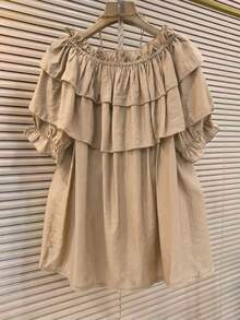 Franclia Blus Ruffle Warna Polos Kasual Musim Panas untuk Wanita - Khaki - View 2