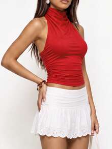 Rina Fox Women's Solid Color Pleated Halter Neck Top - Red - View 4