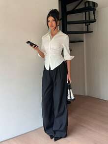 Siren Gaze White V-Neck Blouse For Women, Ruched Waist Long Sleeve Shirt, Solid Color Pleated Button Up Collared Blouse Winter Casual Fall With Lace Trim Work - White - View 7