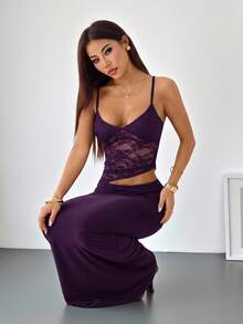 SHEIN PETITE 夏季海灘度假風深紫色蕾絲性感透視細肩帶長洋裝，適合日常約會、夜晚外出、夜店、派對、聚會 - 紫色 - 查看 1