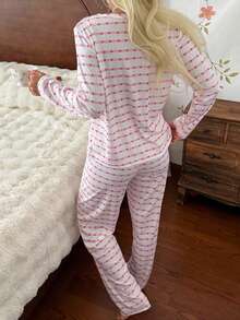 CottageSlumber Minimalist Casual Ribbed Texture Heart Print Long Sleeve Long Pants Loungewear Set - Pink - View 3