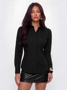 Avantive Kemeja Wanita Warna Polos, Bagian Depan Pendek, Bagian Belakang Panjang, Ikat di Depan - Hitam - View 3
