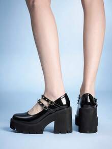 Sugerpunk Sepatu Wanita Modis Hak Miring Platform, Gaya Punk Gothic Gesper Gelap dengan Inlay Paku Keling, Cocok untuk Pesta Klub Malam, Seksi, Liburan, dan Perjalanan Sehari-hari. - Hitam - View 9