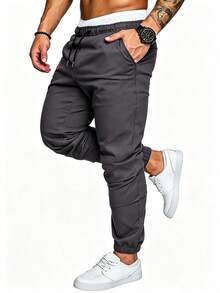 Manfinity Homme Pantalones para hombre con detalle de parches y cintura con cordón - Gris Oscuro - Ver 6