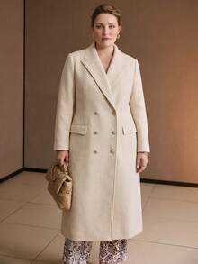 MOTF PREMIUM WOMEN'S PLUS SIZE TEXTURED WAIST-CINCHING STRUCTURED PEAK COLLAR DOUBLE-BREASTED OVERCOAT, AUTUMN/WINTER - Apricot - View 3