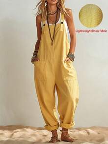 Breezaya Women's Mustard Yellow Jumpsuit,Summer Boho Beach Holiday,Casual Relaxed Fit Adjustable Spaghetti Straps Slub-Textured Utility Pockets Resort Wear - Yellow - View 2
