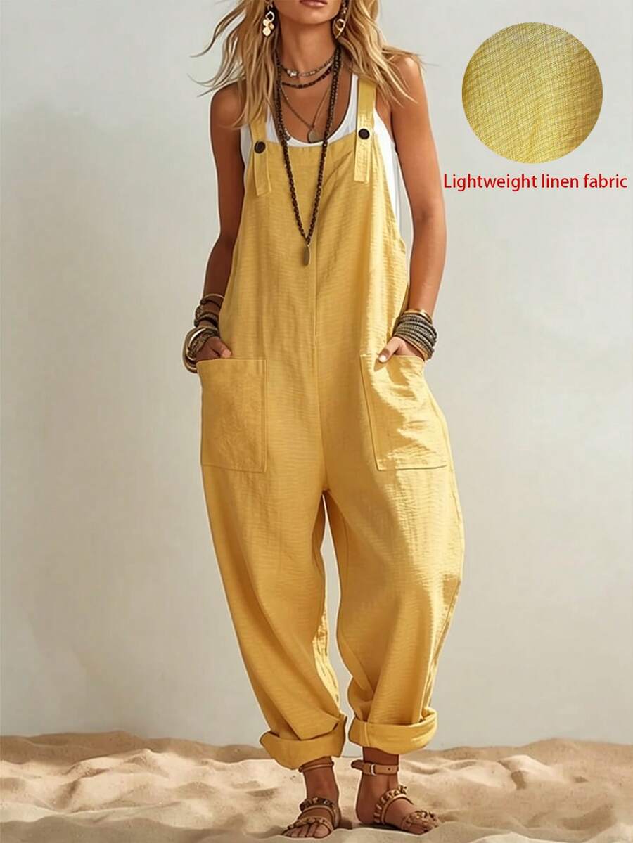 Breezaya Women's Mustard Yellow Jumpsuit,Summer Boho Beach Holiday,Casual Relaxed Fit Adjustable Spaghetti Straps Slub-Textured Utility Pockets Resort Wear