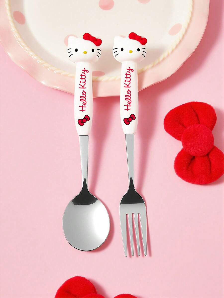 HELLO KITTY AND FRIENDS | SHEIN Cute Cartoon Heart-Shaped Silver 2 Pieces Spork Set, Tableware, Tableware,Valentine's Day, - Multicolor - View 1