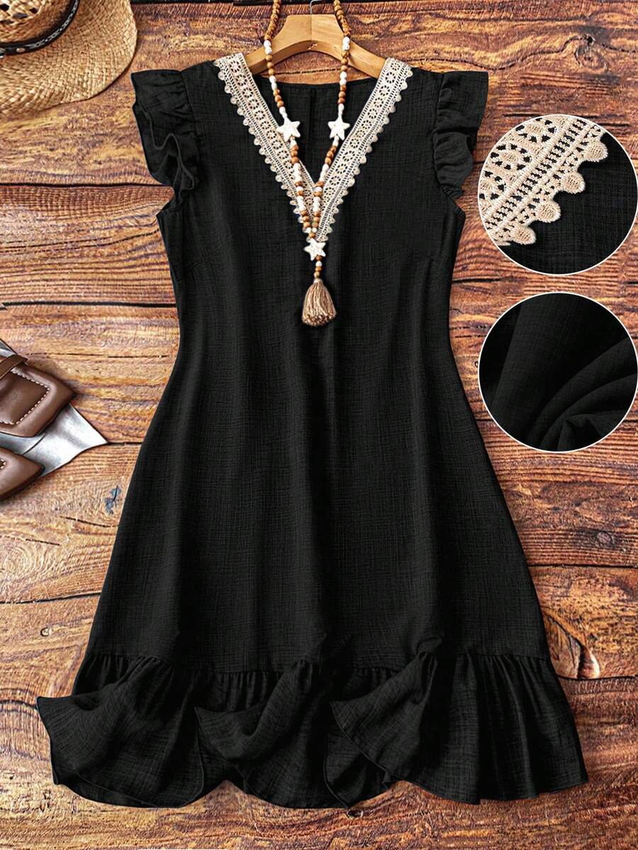 Linhara Plus Size Women V-Neck Denim Effect Cap Sleeve Dress Fall - Black - View 1