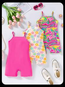 SHEIN 3 件套女童迷彩、心形印花、花卉印花和纯色花卉印花连体裤套装 - 彩色 - 查看 2