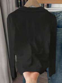 SHEIN 女款POLO領修身T恤，休閒極簡優雅風，適合日常休閒穿著，長袖上衣，春/秋季新款時尚上衣女式襯衫，蝴蝶結圖案T恤上衣 - 黑色 - 查看 2