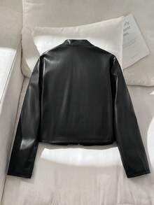 SHEIN Tween女孩童秋冬黑色翻領純色PU皮革短版休閒夾克，酷街頭風運動騎行拉鍊外套，百搭開學外套 - 黑色 - 查看 2