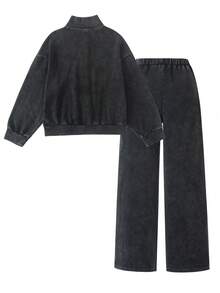 SHEIN 青少年女孩四分之一拉鍊寬鬆衛衣與運動褲套裝，休閒版型返校日常街頭風穿搭 - 黑色 - 查看 2