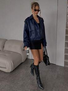 SHEIN BAE 女款時尚PU材質鈕扣長袖風衣 夜出穿搭 海軍藍 秋季街頭風 - 藏蓝色 - 查看 4