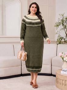 Modelyn Plus Size Casual Knit Dress For Autumn/Winter - Army Green - View 8