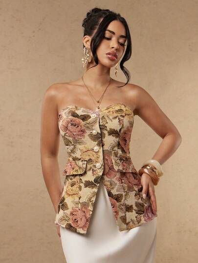 Silquee Top a tubo da donna con decorazione in finta perla e jacquard floreale elegante