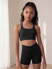 SHEIN Tween Girl Criss Cross Back Sports Bra, Autumn Winter, Fall, Back To School, Yoga, Gym, Running, Training, Stretchy, Breathable, Elastic, Active - Black - View 9