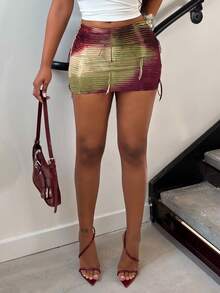 Alexandranx Women's Tie-Dye Print Bodycon Mini Skirt Beige,Summer,Seductive,Night Out Multicolor Tassel Fringe Shorts Beach Holiday Vacation Fashionable - Multicolor - View 2