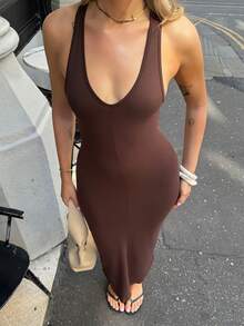 hollyjadebate 女款V領貼身長款裹身洋裝，優雅派對風 - 棕色 - 查看 7