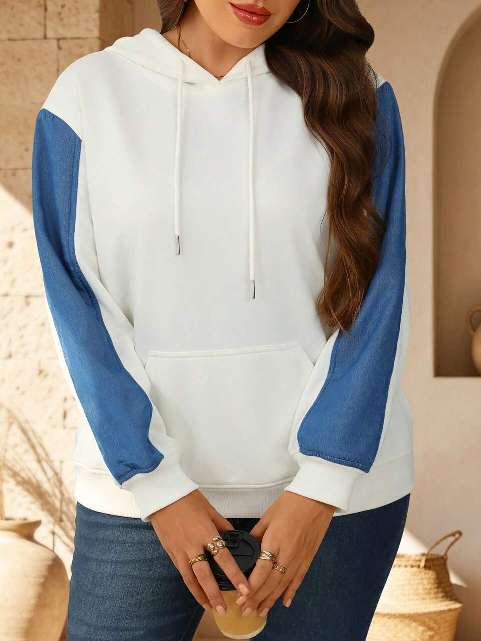 Plus Size Women's Color Block Lapel Collar Drawstring Hooded Long Sleeve Ribbed Pocket Pullover Hoodies Casual Fall Fashion 2026