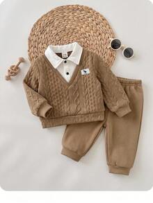 SHEIN 2pcs/Set Baby Boy/Girl Autumn/Winter Casual Cute Cartoon Pattern 2 In 1 Collar Sweatshirt & Elastic Waist Black Long Pants Outfit, Suitable For Autumn/Winter Outings, Kindergarten - Khaki - View 5