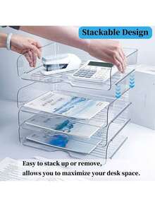 2pcs Stackable A4 Size Transparent PET Desktop File Tray, Space-Saving Document & Letter Organizer Tray For Office, Home, School Supplies - Multicolor - View 2