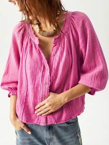 Bohemela Casual Boho Solid Color V-Neck Loose Washed Women Blouse,Autumn Top Vacation Magenta - Hot Pink - View 5