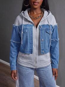 Slaydiva Women's Designer Fashion Patchwork Button Hooded Denim Jacket - Light Wash - View 2