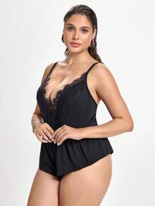 Slumbrini Plus Size Women's Eyelash Lace Patchwork Satin Robe & Nightgown 3-Piece Set - Black - View 6