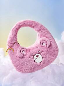 SHEIN X Care Bears 可愛3D耳朵刺繡毛絨熊手提包，柔軟觸感，大容量，適合日常通勤與休閒外出 - 粉色 - 查看 2