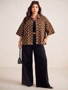Elaquor Plus Size Polka Dot Print Denim Top - Brown - View 6