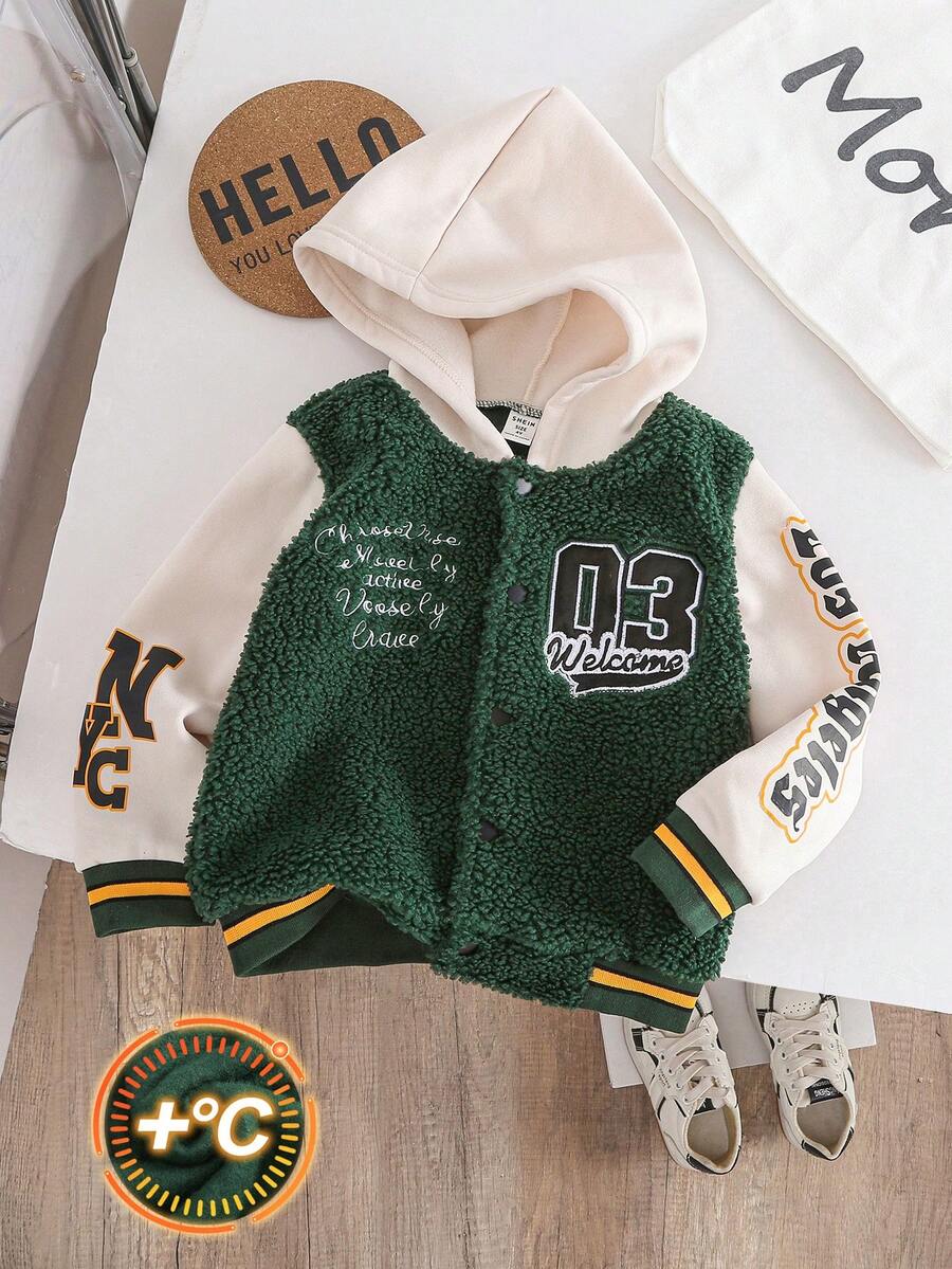 SHEIN 男童時尚休閒拼色數字與英文刺繡厚款連帽衛衣夾克,棒球夾克,適合日常休閒、街頭、校園、運動,秋冬/冬季,外套 - 綠色 - 查看 1