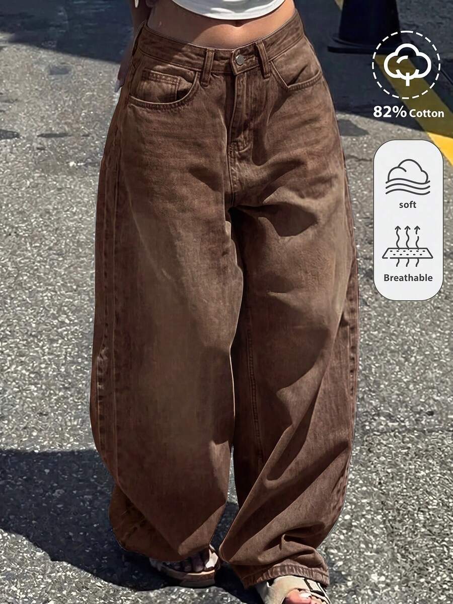 SHEIN 青少年女孩街頭風鈕扣口袋寬鬆牛仔褲,適合週末外出,棕色,秋冬休閒,萬聖節、新年、校園穿搭 - 棕色 - 查看 1