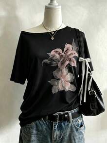 Lalippa Women's Faux Floral Comfortable Color Pattern Asymmetric Shoulder Casual Short Sleeve T-Shirt, Suitable For Spring/Summer Daily Wear And Gatherings - Black - View 1