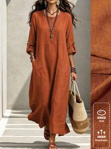 Linhara CURVE Women's Plus Size Loose Casual Solid Color Long Dress, Long Sleeve, Button, Round Neck, Casual Straight Dress, Lightweight Texture Hem Slit Flowy Long Sleeve Maxi Dress, Suitable For Outings, Vacation, Daily Wear - Brown - View 5