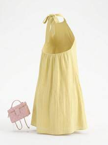 Teen Girl Summer Vacation Solid Color 3D Flower Halter Neck Mini Dress, Graduation, Outfits Yellow Cute - Yellow - View 2
