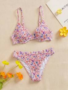 Swim Mod 女款花卉印花比基尼套裝，含比基尼上衣與三角泳褲 - 彩色 - 查看 1