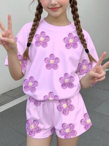 青少年女孩休閒可愛趣味紋理碎花、紫色、碎花田園風、圓領短袖T恤寬鬆短褲2件套，適合春夏圖案、舒適、女孩套裝、Y2k、復古、度假、波點 - 彩色 - 查看 2