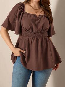 Comfylo Off-Shoulder Square Neck 2-Way Wear Flowy Hem Plus Size Blouse - Brown - View 2