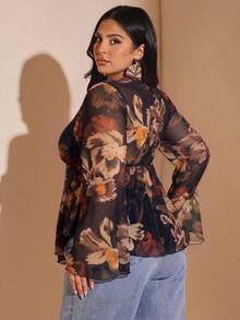 SHEIN BAE 大尺碼女款春夏網紗花卉印花喇叭袖上衣 秋季 - 彩色 - 查看 2