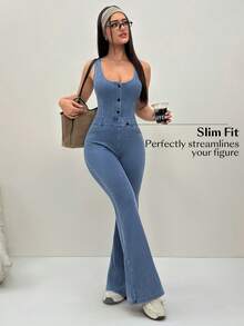 Flexra Women's Sexy Street Style Button Waist Denim Jumpsuit With Flared Legs - Blue - View 3