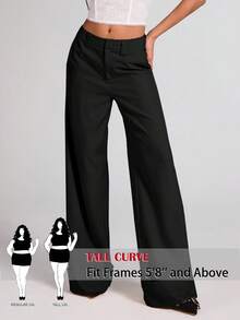 SHEIN Tall CURVE 大码女式纯色口袋设计宽松阔腿休闲裤 - 黑色 - 查看 2