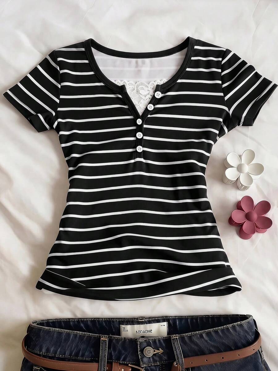 SHEIN 青少年女孩修身休閒簡約舒適圓領半鈕扣棕色與粉色條紋短袖T恤 - 黑色 - 查看 1