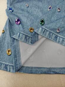 Resyla Retro Sexy Light Blue Rhinestone Pattern, Side Waist Shirring Women's Slim Fit T-Shirt. Night Out Date Night Summer - Multicolor - View 3
