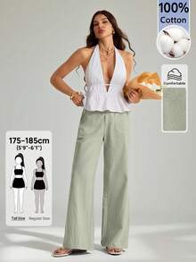 SHEIN Tall 100% Washed Cotton Low Waist Straight Pants - Olive Green - View 6