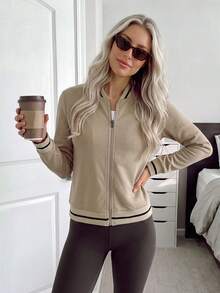 Easowa 女款純色立領拉鍊時尚百搭日常旅行長袖夾克深棕色秋季 - 卡其色 - 查看 2