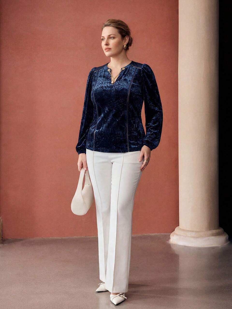 MOTF PLUS SIZE WOMEN'S VELVET BLOUSE WITH METAL CHAIN DECORATION