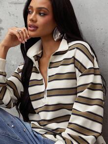 Denimoi Oversized Zip Front Polo Top Fashion Tops Fashionable Streetwear Cozy Fall Fashion Stripe Top - Multicolor - View 3